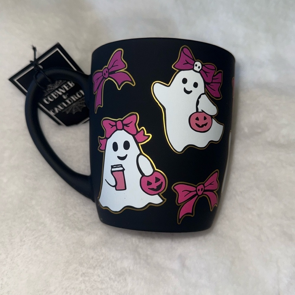 ✨NEW👻Cobwebs and Cauldrons Black Soft Touch Ghosts and Pink Bows Mug🩷🎀👻